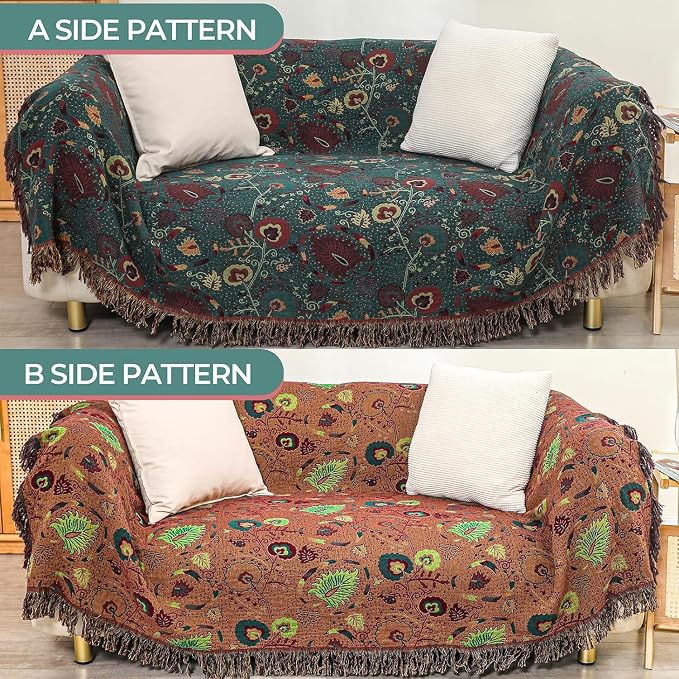 Boho Throw Blanket,Deep Green Floral Fringed Muslin Blanket for Couch,Sofa, Living Room, Bedroom – Lightweight Cotton Tassel Blanket for Summer,Cozy Home Decor,Gifts for Father,50"x60"