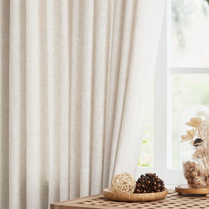 Vision Home Natural Pinch Pleated Light Filtering Curtains with Microfiber Liner 112 inch Linen Blended Textured Privacy Drapes for Living Room Bedroom Back Tabs with Hooks 2 Panels 40" Wx112 L