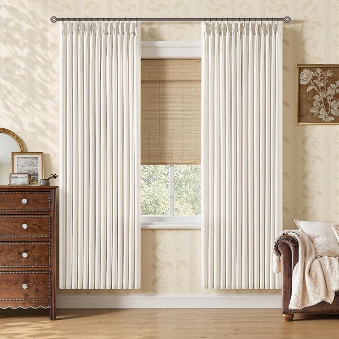 Natural Pinch Pleated Linen Curtains 78 Inches 2 Panels Set for Living Room Bedroom Country Memory Shaped Semi Sheer Privacy Pleat Drapes for Closet Back Tab Pleat Window Curtains with Hooks 40x78