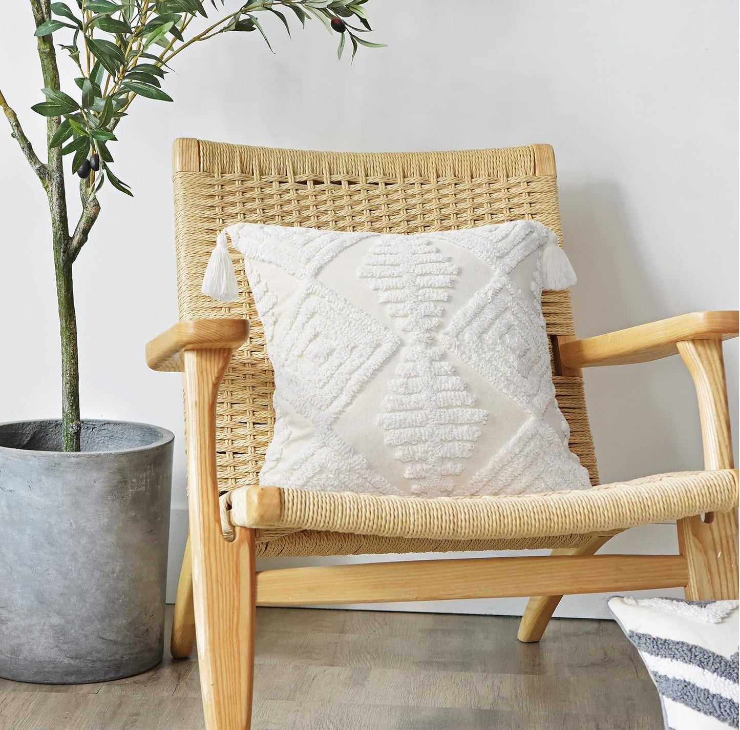 Boho Style Sofa Throw Pillow Covers – Exquisitely Crafted with Hand-Finished Tuft with Thick Cotton Tassel Details – Soft & Stylish Moroccan Decorative, 20x20inch (Spring Ruched)