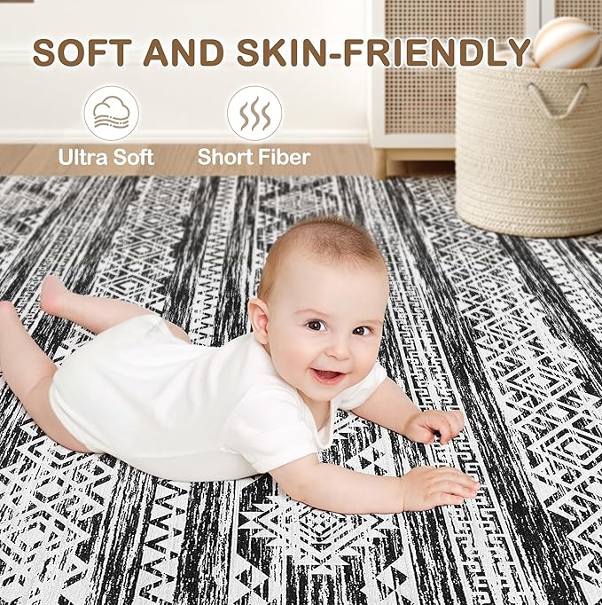 Tortania Area Rug Living Room Rugs - 2x3 Washable Soft Neutral Boho Moroccan Farmhouse Mat Indoor Floor Carpet for Bedroom Hallway Entryway Kitchen Home Office Decor - Black White