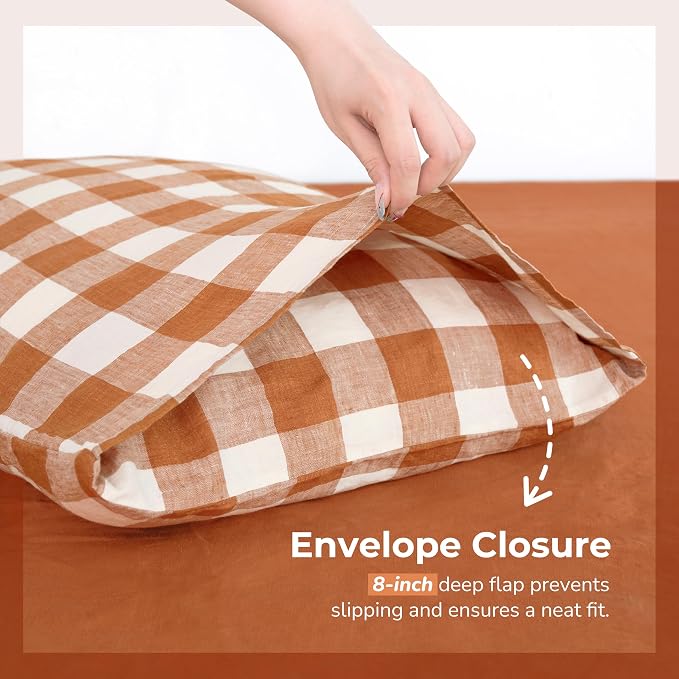 Linen World Linen Plaid Pillow Cases King Size - 20"x40" Set of 2 with Envelope,100% French Flax Gingham Pillowcase,Soft Breathable Natural Pillow Covers,Rust Plaid
