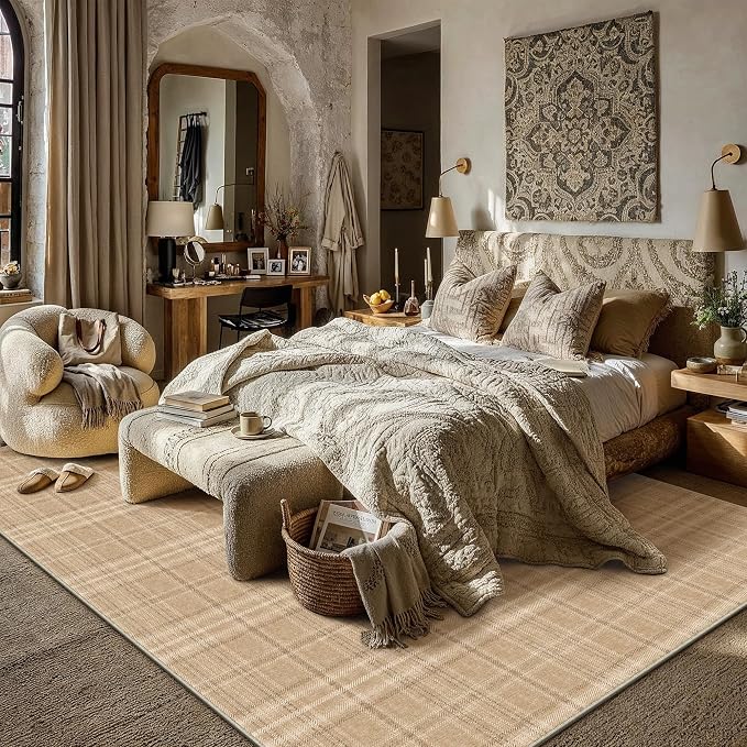 9x12 Brown Area Rug for Living Room Bedroom Soft Low Pile Checkered Large Carpet Modern Accent Non Slip Rug for Dining Room Nursery Office Indoor