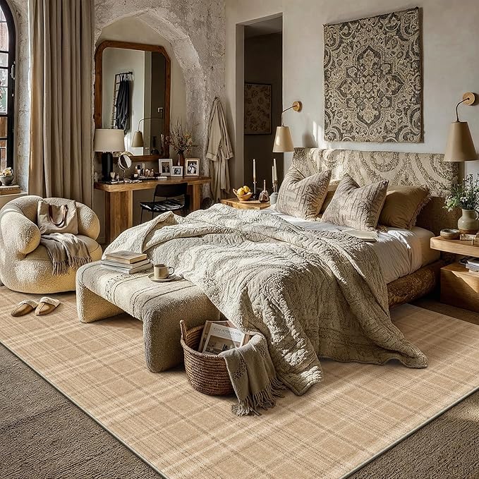 6x9 Brown Area Rug for Living Room Bedroom Machine Washable Low Pile Checkered Carpet Modern Accent Soft Non Slip Rug for Dining Room Nursery Office Indoor