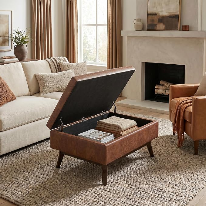 SIMPLIHOME Owen Coffee Table Storage Ottoman - 34" Wide x 19" High Upholstered Vegan Leather Rectangular Lift-Top Ottoman in Distressed Saddle Brown, Mid-Century Modern Bench with Tapered Legs