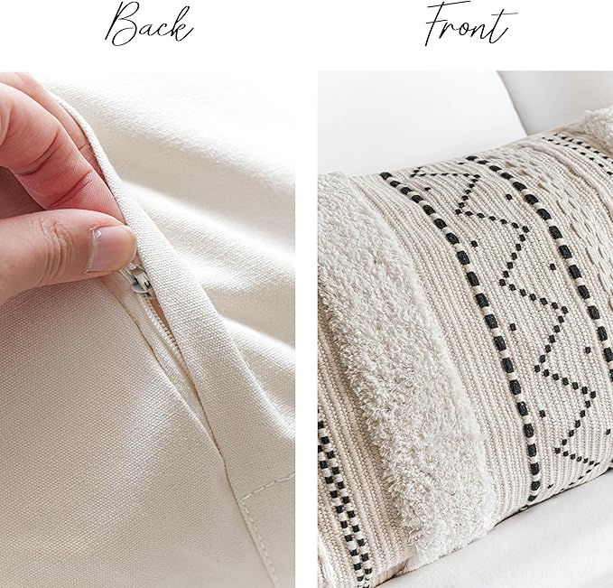 BlissBlush 20X54 Oversized Large Lumbar Pillow Cover for Bed, Rectangular Long Decorative Throw Pillowcase, Cotton Boho Accent Cushion with Black Tufted Pattern and Tassels, Cream Neutral (Cover Only)