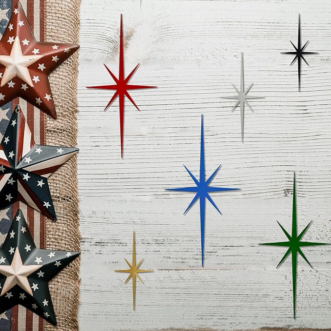4 Pack Metal Star Wall Art 8 Pointed Starburst Wall Decor Set with 2 Large & 2 Small Pieces Mid Century Celestial Metal Wall Sculpture for Bedroom Living Room Office Gallery Wall