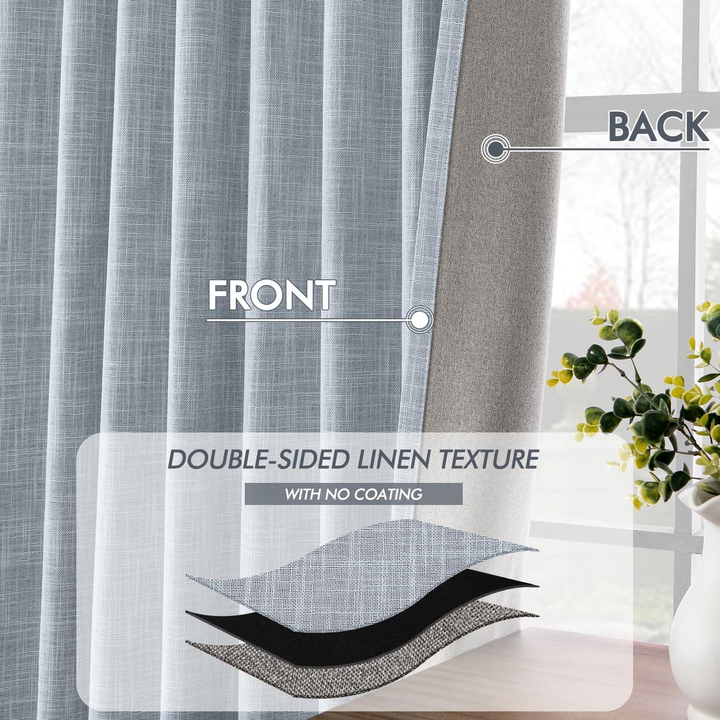 MIULEE Light Blue 100% Blackout Linen Curtains 108 Inch 2 Panels Set Double Sided No Coating Pleated Back Tab Black Out Extra Long Thermal Insulated Pinch Pleat Bedroom Living Room Darkening Drapes