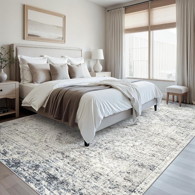 Soalmost Washable Area Rug 8x12, Large Soft Rugs for Living Room Vintage Blue Ivory Carpet 8x12 Area Rugs for Bedroom Dining Room Non-Slip Stain Resistant Under Table Rug