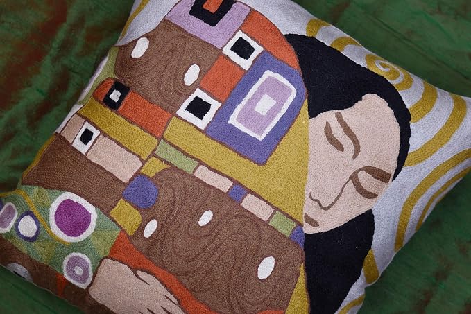 Klimt Embrace Modern Pillow Cover Art Nouveau Pillowcase Chair Cushion Contemporary Pillowsham Modern Outdoor Pillows Mid Century Chair Cushions Hand Embroidered Wool Size 18x18