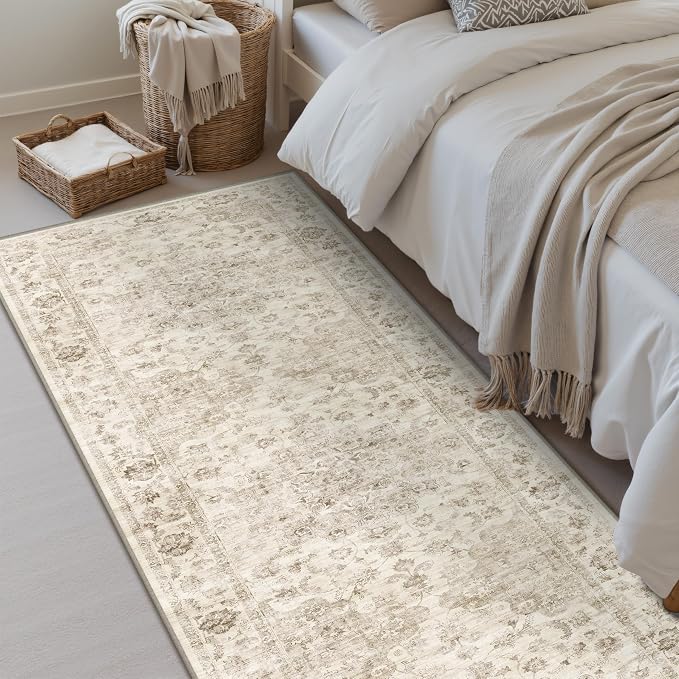 2x4 Washable Neutral Runner Rug Beige Vintage Hallway Kitchen Carpet Non-Slip Soft Low Pile Farmhouse Throw Rug for Bedroom Bathroom Laundry Living Room
