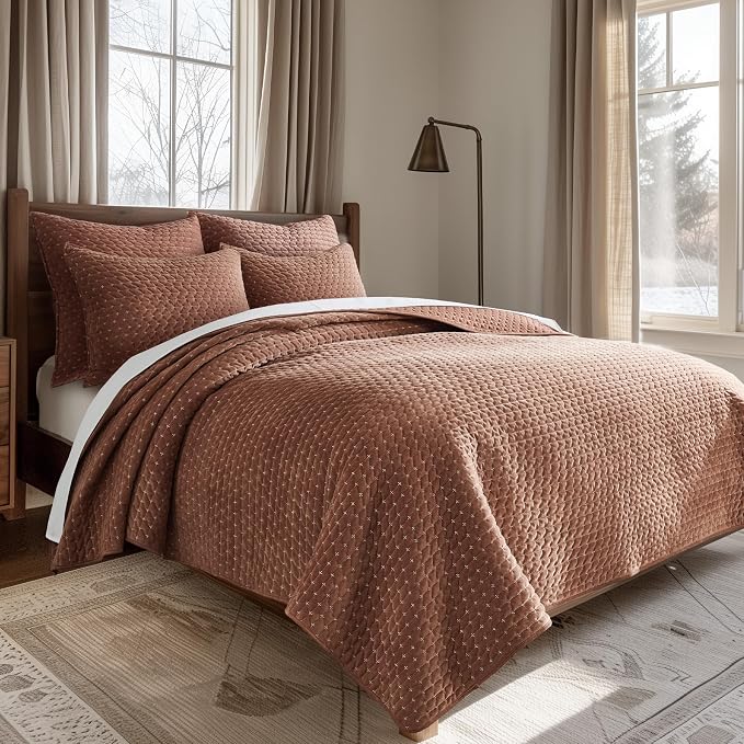 Levtex Home - Velvet Stitch Quilt Set - Twin Quilt and One Standard Sham - Cross Stitch Velvet - Rust with White - Quilt (68x86in.) and Sham (20x26in.) - Reversible - Polyester