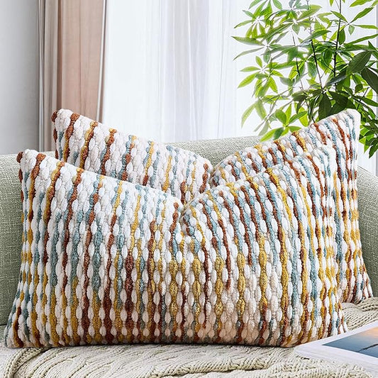 AmHoo Set of 2 Boho Chenille Pillow Cover Decorative Tufted Pillowcase for Couch Bed Sofa Bedroom Living Room Modern 12 x 20-Inch Brown