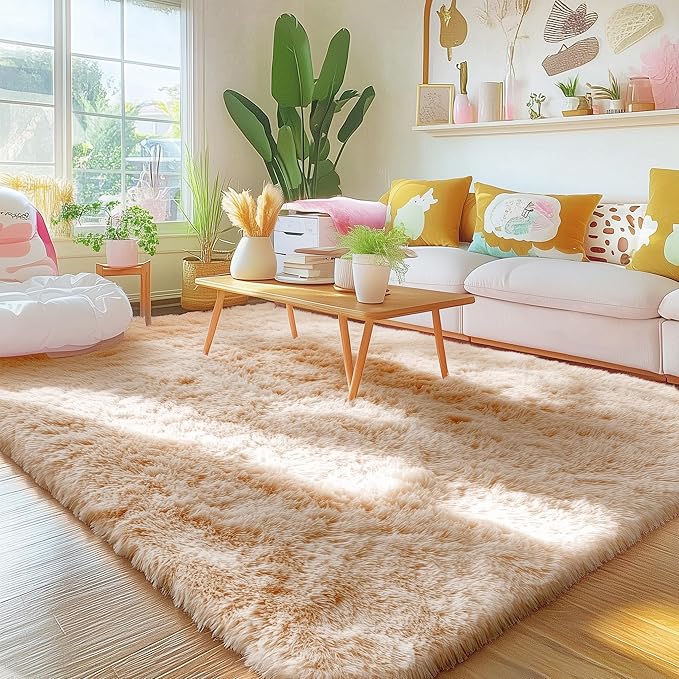OLANLY 4x5 Machine Washable Accent Rug, Soft Fluffy Shaggy Area Rug for Bedroom, Living Room, Indoor Floor Carpet for Kids, Nursery, Home Decor, Beige