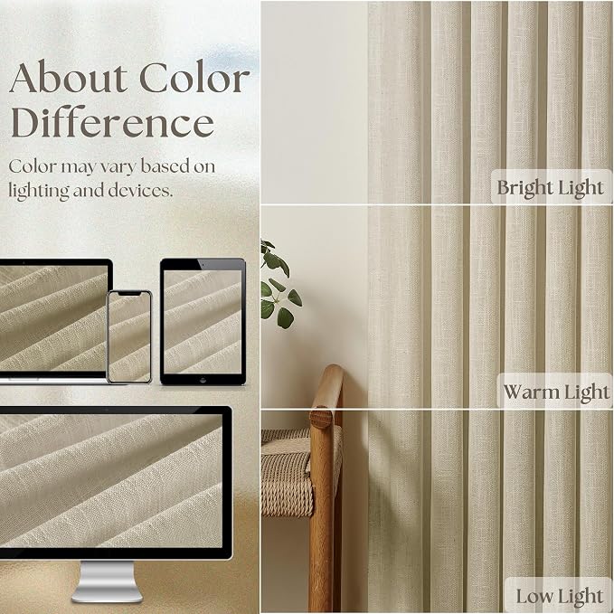 Beige 100 Inch Pleated Linen Curtains 2 Panels for Living Room Bedroom Memory Training Shaped Semi Sheer Neutral Light Tan Flax Burlap Pinch Pleat Drapes Hooks Rings Light Filtering Window Curtain