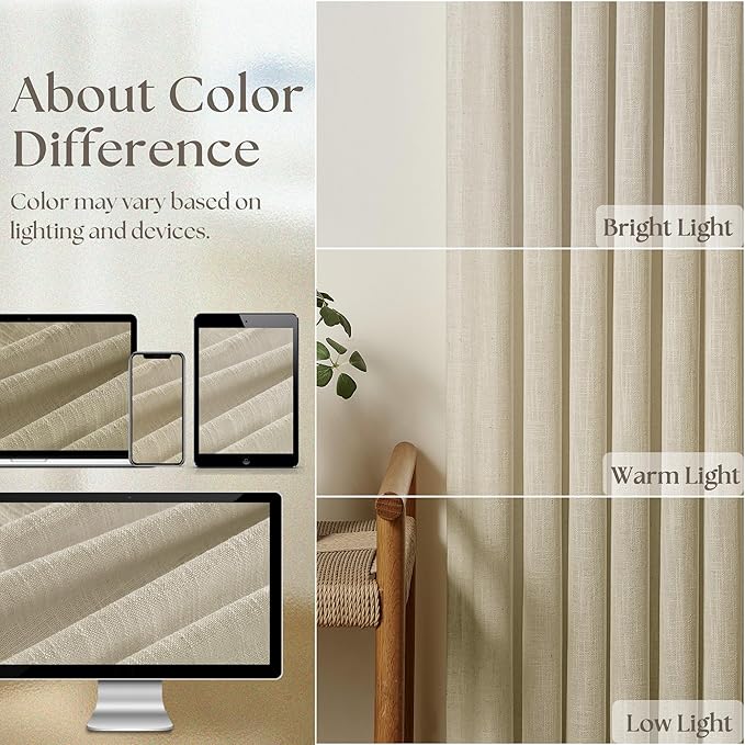 TWODRAPES Neutral Linen Pinch Pleated Curtains Long 2 Panels Living Room Bedroom Memory Training Shaped Semi Sheer Beige Oatmeal Pleat Drapes with Hooks Rings Light Filtering Window Curtain 40x84