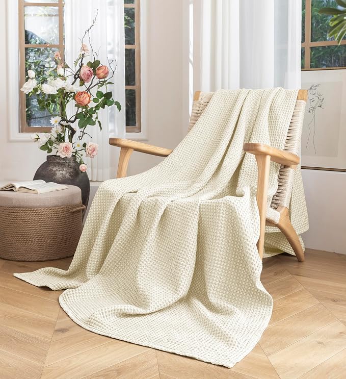 Talasily 100% Cotton Blanket Throw Size for Bed - Spring and Summer Cooling Lightweight & Breathable Bedding -Soft Waffle Weave Christmas Blanket, Machine Washable,Beige,50x60 Inches