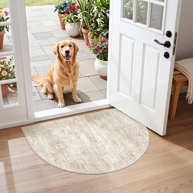 Soalmost Washable Half Circle Round Rug 2x3 Beige, Small Half Moon Rug Entryway Non-Slip Vintage Semi Circle Rugs Indoor Entrance, Low Pile Door Mat for Inside Front Door Bedroom Kitchen Entry