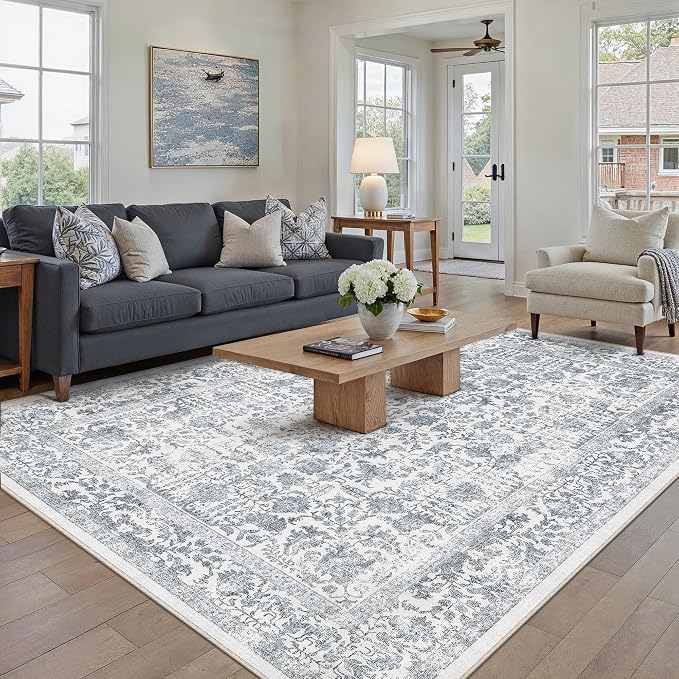PureCozy Navy Blue Area Rug 6x9 Machine Washable Vintage Living Room Distressed Non Slip Carpet Traditional Indoor Bedroom Retro Floral Accent Throw Large Rug for Office Kitchen Dining Room