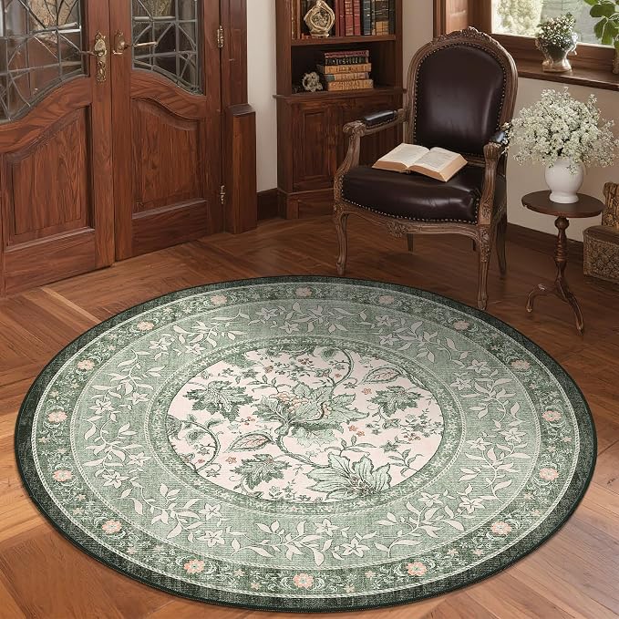 GarveeHome Sage Green Botanical Grove 6ft Round Rug, Small Circle Vintage Cottagecore Soft Low-Pile Non-Slip Washable Rugs for Living Room Bedroom Nursery Kitchen Retro Carpet