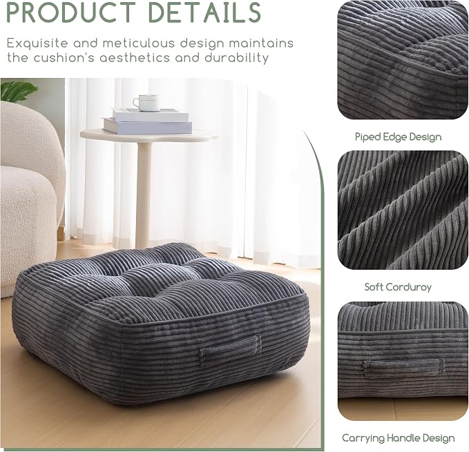 HIGOGOGO 8" Extra Thick Floor Pillow Cushion for Adults, Meditation Cushion Pillow, Large Square Floor Sitting, Tufted Corduroy Cover, for Tatami Living Room or Yoga, 22x22 Inch, Dark Grey