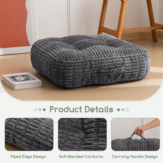 HIGOGOGO 6" Floor Pillow Cushion for Adults, Meditation Cushion Pillow, Blended Corduroy Cover, Large Square Floor Sitting for Tatami Living Room or Yoga, 22x22 Inch, Dark Grey