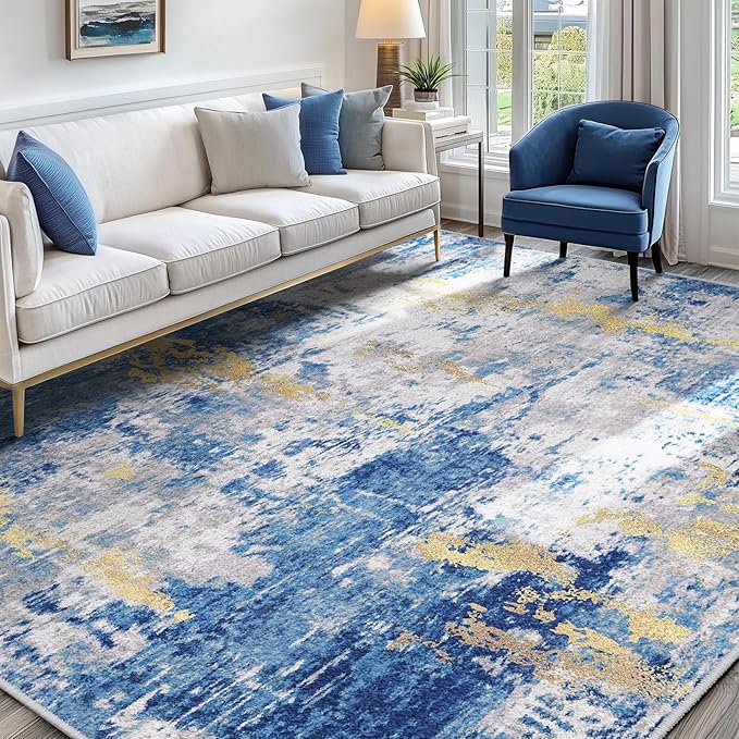 RELEANY Washable Area Rugs 5'x7' Non-Slip Modern Abstract Soft for Living Room Entryway Bedroom Nursery, Print Pattern, Grey Blue Gold/Golden