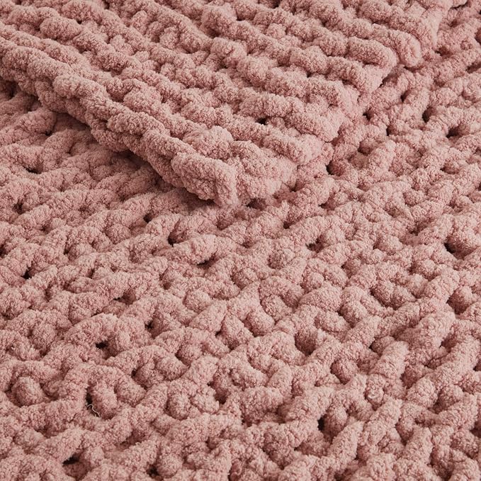 Madison Park Chenille Chunky Knit Handmade Throw Blanket, Luxuriously Soft Gift Blankets, Cottage Style Room Décor, Lightweight & Breathable All Seasons Throw Blanket for Couch, 50" W x 60" L Blush