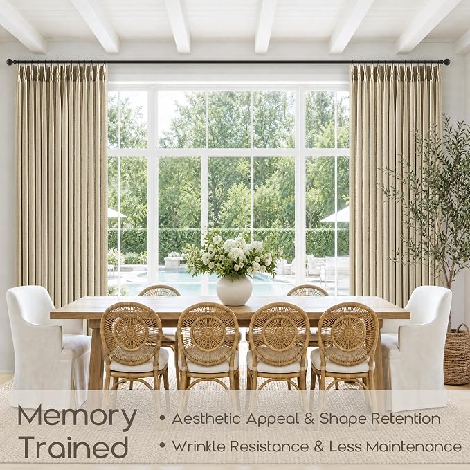 Pinch Pleated Thick Linen Curtains 105 Inch 2 Panels for Bedroom Living Room Oatmeal Semi Sheer Pinch Pleat Drapes with Hooks Rings Boho Cottage Floor to Ceiling Window Curtains 105 Inches Length