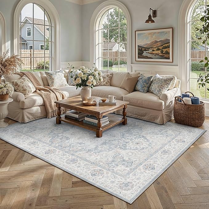 HUGEAR 8x10 Washable Area Rugs for Living Room Bedroom Blue Vintage Large Soft Carpet Rug Non-Shedding & Non-Slip Low Pile Indoor Home Decor Dining Room Kitchen Office Floor Mat