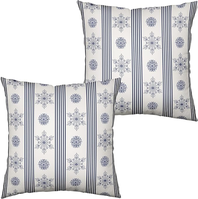 Winter Pillow Covers Blue and White Porcelain Blue Snowflakes Striped Throw Pillow Covers Navy Blue Floral Pillowcase 18x18 Set of 2 Neutral Cushion Case for Couch Sofa