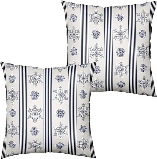 Winter Pillow Covers Blue and White Porcelain Blue Snowflakes Striped Throw Pillow Covers Navy Blue Floral Pillowcase 16x16 Set of 2 Neutral Cushion Case for Couch Sofa
