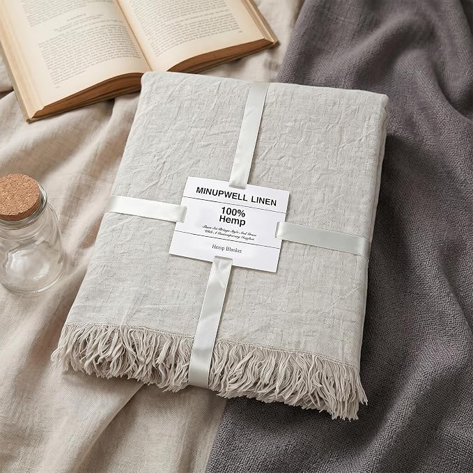 MINUPWELL 100% Pure Hemp Blanket Queen/King Size - 79"×87" Extra Large Linen Color Blanlet – Natural Hemp Fabric