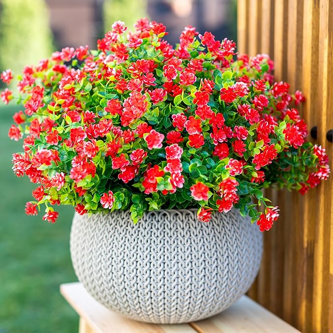 AXYLEX Artificial Flowers for Outdoors Fake Plants - 12 Bundles Faux UV Resistant No Fade Plastic Greenery Home Garden Porch Patio Decoration Boxwood Shrubs (Red)