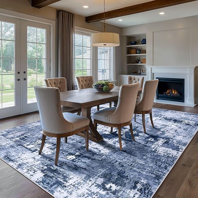 DMOYEST Area Rug Living Room Rugs - 10x14 Washable Large Soft Indoor Neutral Modern Abstract Low Pile Rug Carpet for Bedroom Dining Room Farmhouse Home Office - Navy Blue