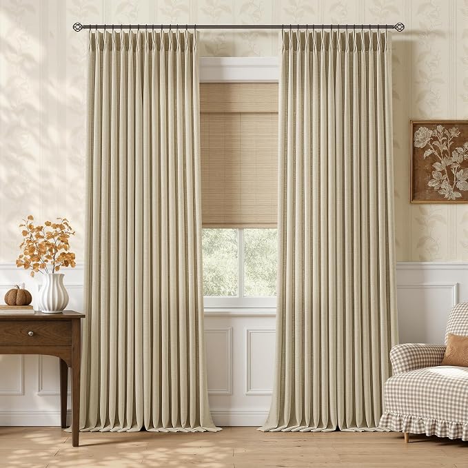 Pinch Pleated Linen Curtains 86 Inches Long 2 Panels Set Oatmeal Sand Boho Semi Sheer Privacy Window Curtains for Track System 86 Inch Length Back Tab Burlap Drapes for Living Room Bedroom Office