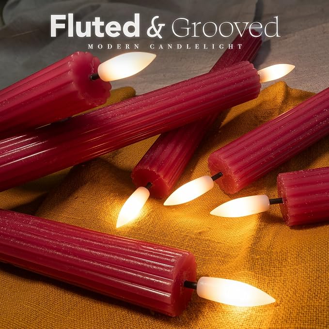 12 Pack, 10" LED Flameless Pink Fluted Ribbed Grooved Taper Candles with 2 Remotes & 24h Timer Memory, On/Off Button, Dimmable, Flicker Mode, Battery Operated, Christmas Menorah Wedding