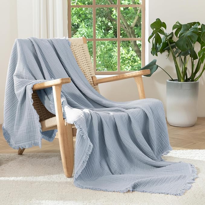 MooMee Muslin Blanket - 100% Cotton 4-Layer Gauze Throw Blanket with All-Around Fringe, Soft Breathable Lightweight Cooling Summer Blankets for Bed Couch(Dusty Blue,Twin XL 66" x 90")