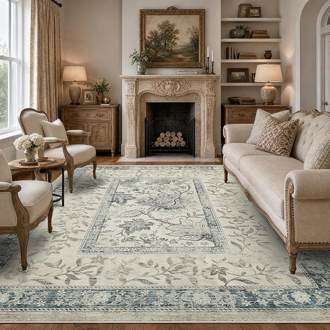 GarveeHome Vintage Blue Area Rug 8x10 for Living Room Washable Cottage Core Retro Farmhouse Low-Pile Stain Resistant Large Carpet for Bedroom Dining Room Home Office TPE Backing Indoor Decor