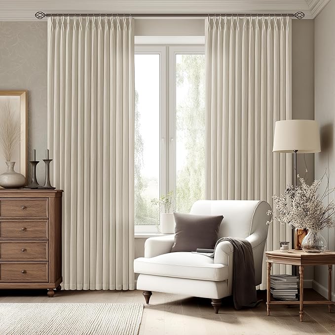 Oatmeal Linen Curtains 100 Inches Long Pinch Pleated for Living Room Bedroom Pinch Pleat Drapes Rings Hooks Back Tab Light Filtering Neutral Farmhouse Semi Sheer 100 Inch Curtain for Dining Room