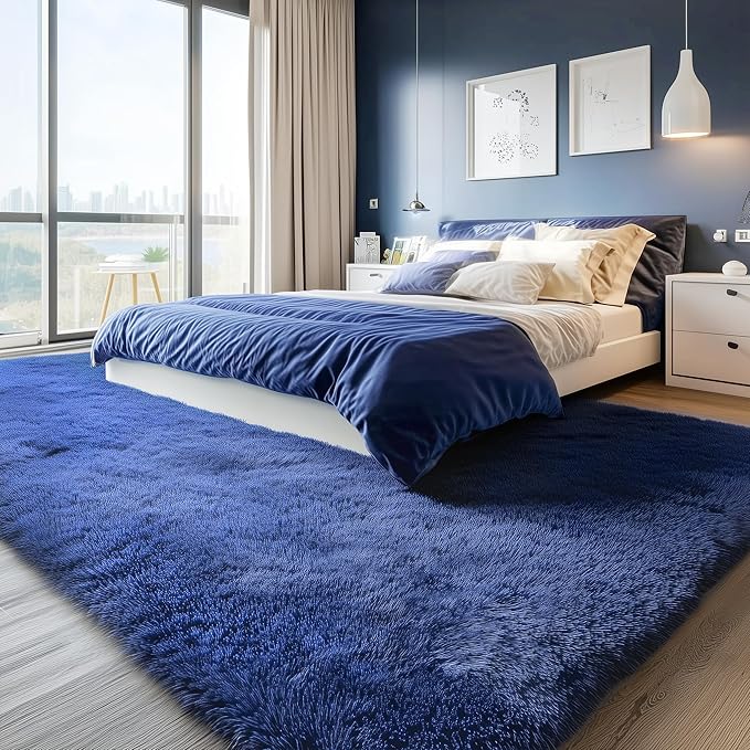 PAGISOFE Navy Blue Rug 5x8 Ft Fluffy Shag Rugs for Living Room Soft Shaggy Large Rugs for Kids Room Carpet Nursery Floor Boys Room Dorm Rug Kid Playroom Navy Area Rug Teen Home Decor