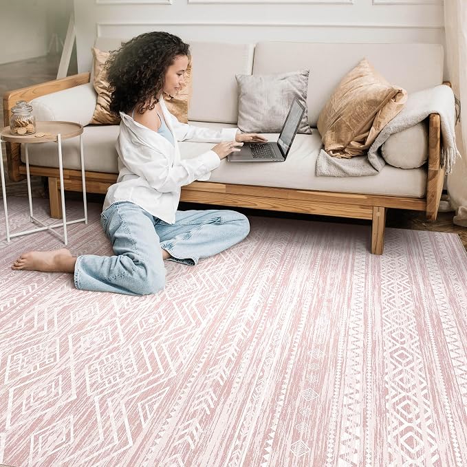 Tortania Area Rug Living Room Rugs- 10x14 Washable Large Soft Neutral Boho Moroccan Bohemian Farmhouse Rug Indoor Floor Carpet for Bedroom Under Dining Table Home Office Decor - Pink