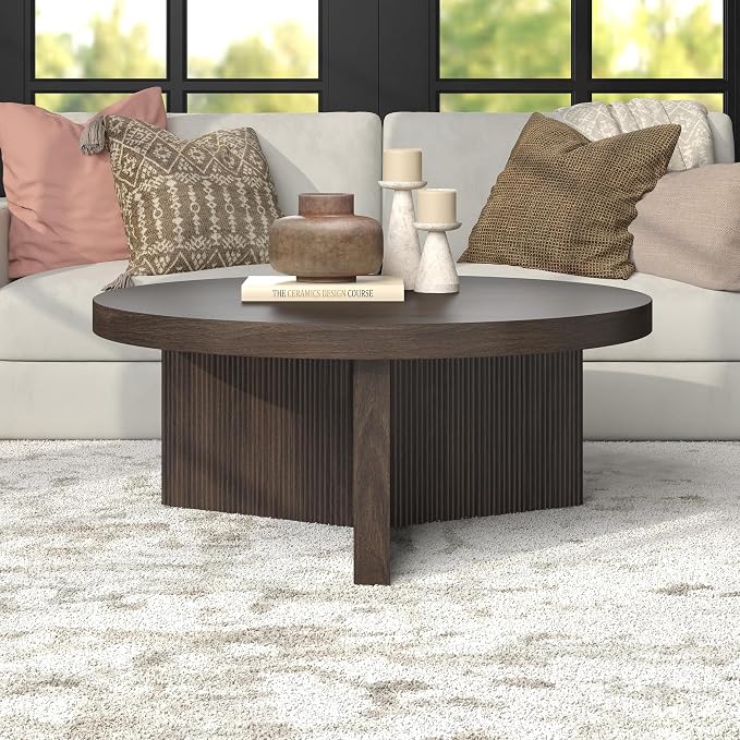 Henn&Hart 36" Fluted Round Low-Profile Coffee Table with Ribbed Pedestal Base Living Room, Family Room, or Office, Rich Brown