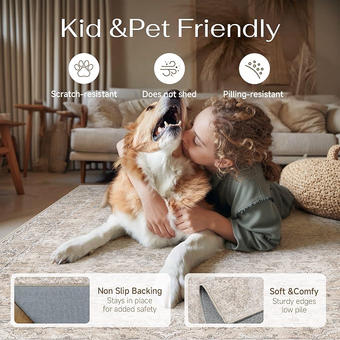HUGEAR Area Rugs 5x7 Washable Rug for Living Room Bedroom Beige Vintage Rug Carpet Low Pile Non Slip No Shedding Soft Durable Indoor Dining Room Home Decor Floor Mat