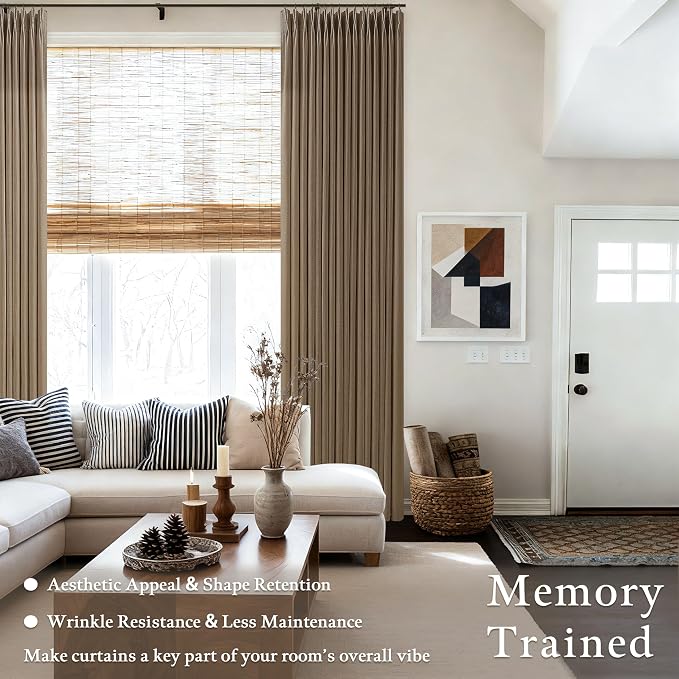 TWODRAPES 100 Inch Pinch Pleated Linen Curtains 2 Panels Set for Living Room Bedroom Dark Brown Farmhouse Boho Linen Blend Back Tab Curtain with Hook Rings 50 Inch Wide Semi Sheer Window Drape
