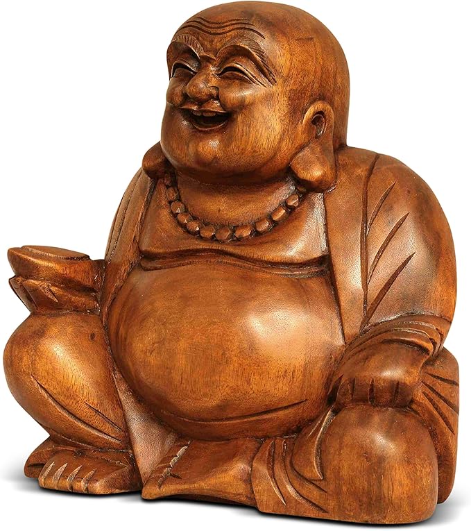 G6 Collection 8" Wooden Laughing Happy Buddha Statue Hand Carved Smiling Sitting Sculpture Handmade Figurine Decorative Home Decor Accent Rustic Handcrafted Art Decoration Happy Buddha (Small)