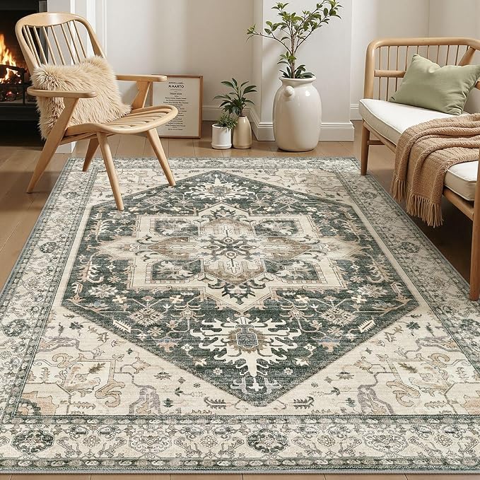 Area Rug for Living Room - 6x9 Washable Oriental Vintage Floral Large Soft Carpet - Fade Stain Resistant Non Slip Rugs for Bedroom Dining Room Nursery Dorm Office Home Decor - Vintage Green