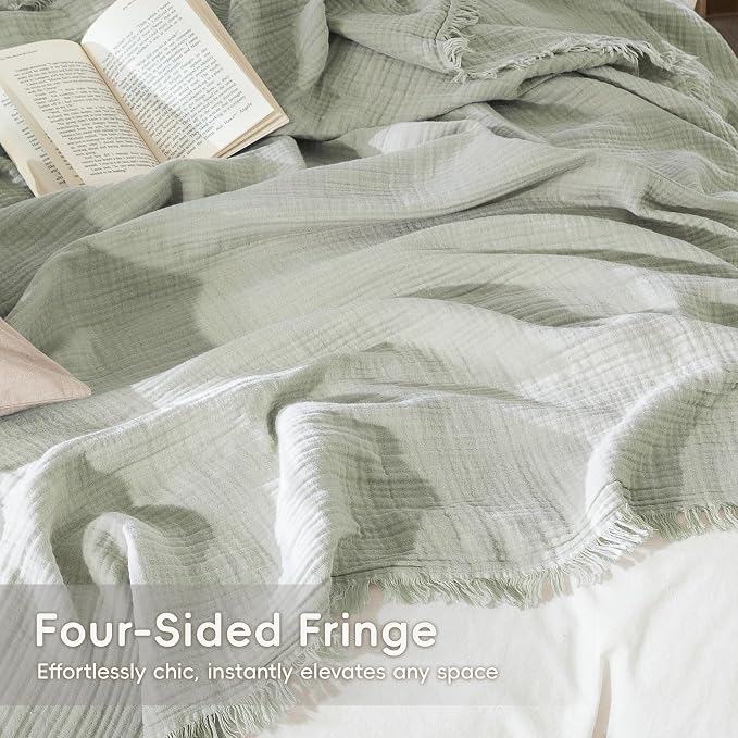 MooMee Muslin Blanket - 100% Cotton 4-Layer Gauze Throw Blanket with All-Around Fringe, Soft Breathable Lightweight Cooling Summer Blankets for Bed Couch(Sage Green,Super King 108" x 98")