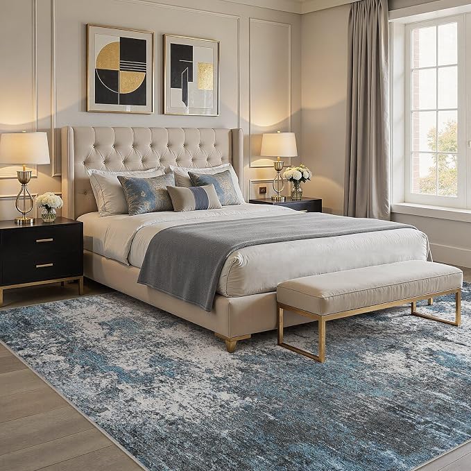 DMOYEST Area Rug Living Room Rugs - 8x10 Large Soft Indoor Neutral Modern Abstract Low Pile Washable Rug Carpet for Bedroom Dining Room Farmhouse Home Office - Grey Blue