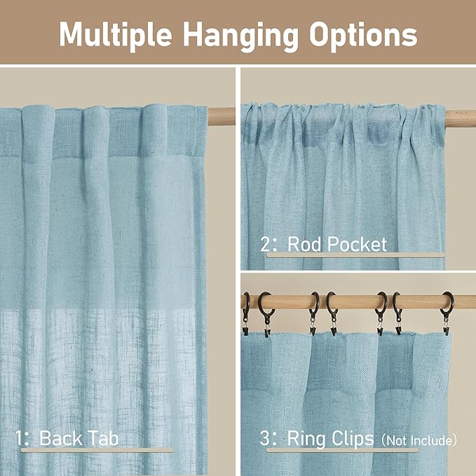 LAMIT Stone Blue Linen Curtains 45 Inch Length 2 Panels, Light Filtering Panels Back Tab and Rod Pocket Country Decor Drapes for Kitchen/Window/Loft Room/Bedroom, 34 x 45 Inch